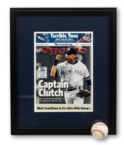 DEREK JETER AUTOGRAPHED SEPT. 16, 2007 GAME USED BASEBALL (YANKEES VS. RED SOX) WITH "3 RUN HR VS. SCHILLING" NOTATION (MLB AUTH., STEINER) WITH RELATED NEWSDAY "CAPTAIN CLUTCH" DISPLAY