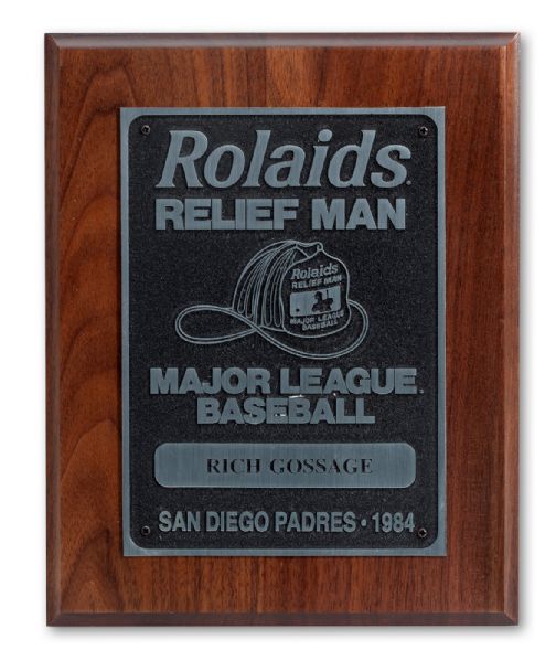 GOOSE GOSSAGES 1984 SIGNED SAN DIEGO PADRES MAJOR LEAGUE BASEBALL ROLAIDS RELIEF MAN PLAQUE (GOSSAGE LOA)