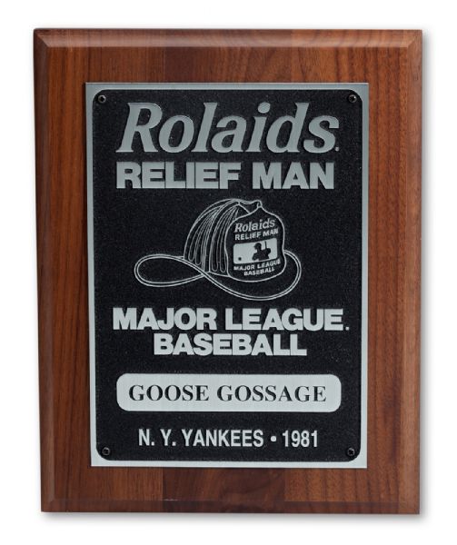 GOOSE GOSSAGES 1981 SIGNED NEW YORK YANKEES MAJOR LEAGUE BASEBALL ROLAIDS RELIEF MAN PLAQUE (GOSSAGE LOA)