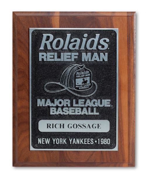 GOOSE GOSSAGES 1980 SIGNED NEW YORK YANKEES MAJOR LEAGUE BASEBALL ROLAIDS RELIEF MAN PLAQUE (GOSSAGE LOA)