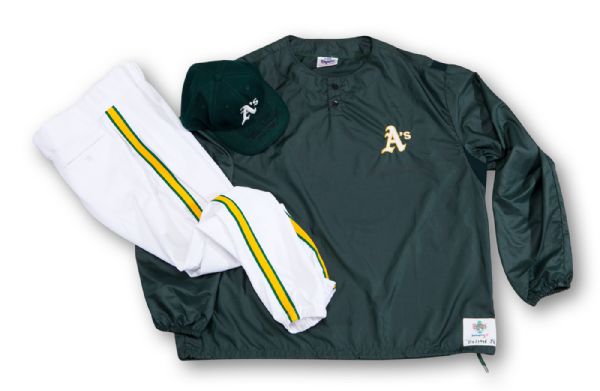 GOOSE GOSSAGES 1992-93 OAKLAND AS GAME WORN & SIGNED ITEMS INCLUDING WARM UP JACKET, CAP AND HOME PANTS (GOSSAGE LOA)