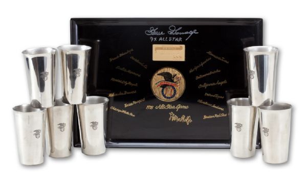 GOOSE GOSSAGES 1978 MAJOR LEAGUE BASEBALL ALL-STAR GAME SIGNED SERVING TRAY AND SET OF (8) CUPS PRESENTED TO AMERICAN LEAGUE PLAYERS (GOSSAGE LOA)