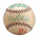 1927 BABE RUTH / LOU GEHRIG SIGNED BASEBALL WITH 3 OTHER YANKEES (MINT PSA/DNA 9 SIGNATURES)