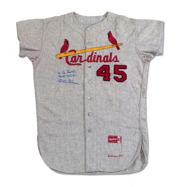 1964 BOB GIBSON AUTOGRAPHED ST. LOUIS CARDINALS (WORLD CHAMPIONSHIP SEASON) GAME WORN ROAD JERSEY  (MEARS A10, DELBERT MICKEL COLLECTION)