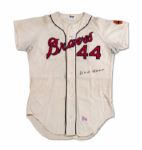 1967 HANK AARON AUTOGRAPHED ATLANTA BRAVES GAME WORN  HOME JERSEY (MEARS A9.5, DELBERT MICKEL COLLECTION)