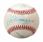 DIMAGGIO BROTHERS (JOE, DOM AND VINCE) AUTOGRAPHED BASEBALL (NSM COLLECTION)