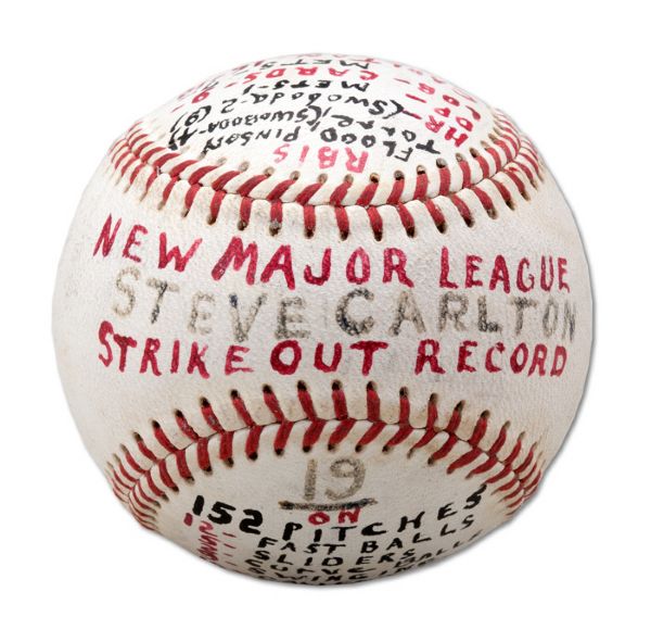 GAME USED BASEBALL FROM STEVE CARLTONS THEN RECORD SETTING 19 STRIKE OUT GAME ON SEPT. 15TH, 1969 WITH COMPREHENSIVE STATISTICAL NOTATIONS (CARLTON LOA, NSM COLLECTION)