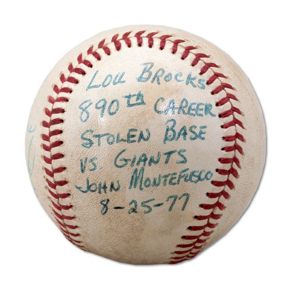 AUGUST 25TH, 1977 GAME USED AND INSCRIBED BASEBALL THROWN BY GIANTS CATCHER MIKE SADEK IN ATTEMPT TO PREVENT LOU BROCKS 890TH STOLEN BASE (SADEK LOA, NSM COLLECTION)