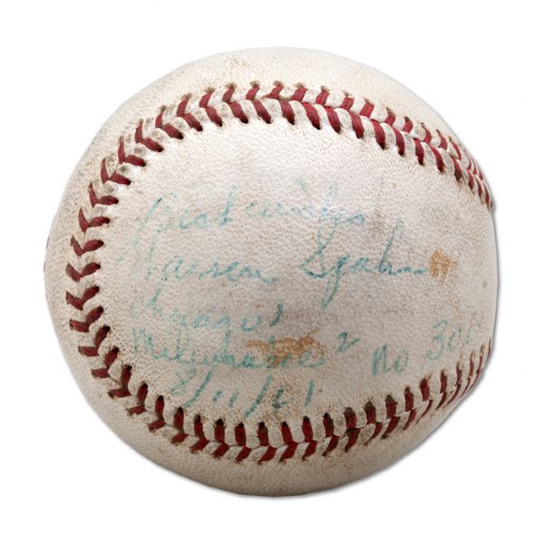 GAME USED BASEBALL FROM WARREN SPAHNS 300TH WIN GAME ON AUGUST 11TH, 1961 INSCRIBED BY SPAHN "PLAYED AT MILWAUKEE 8/11/61 NO. 300" (NSM COLLECTION)