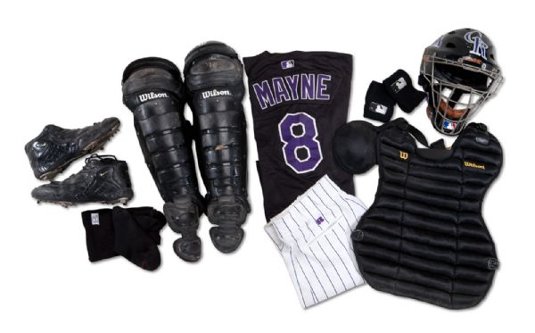 2001 BRENT MAYNE COLORADO ROCKIES COMPLETE HEAD TO TOE GAME WORN ENSEMBLE; FULL UNIFORM, CATCHERS GEAR, MASK, ETC. (NSM COLLECTION)