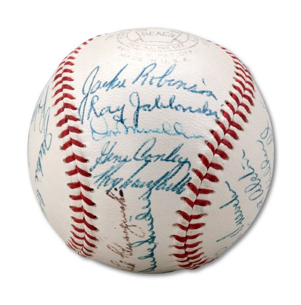 1954 NATIONAL LEAGUE ALL-STAR TEAM SIGNED OAL (HARRIDGE) BASEBALL INCL. ROBINSON AND CAMPY (NSM COLLECTION)