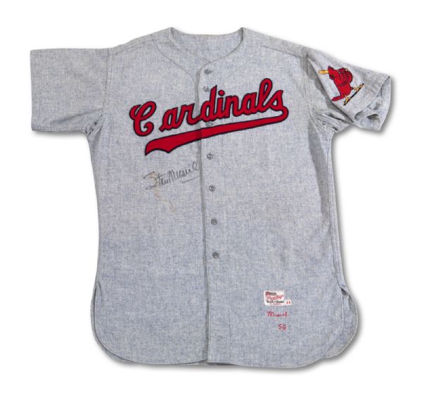 1956 STAN MUSIAL AUTOGRAPHED ST. LOUIS CARDINALS GAME WORN ROAD JERSEY (MEARS A9, NSM COLLECTION)