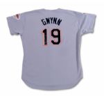 1997 TONY GWYNN AUTOGRAPHED SAN DIEGO PADRES GAME WORN ROAD JERSEY (NSM COLLECTION)