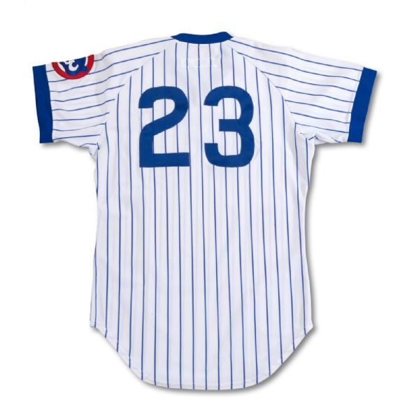 1985 RYNE SANDBERG AUTOGRAPHED CHICAGO CUBS GAME WORN HOME JERSEY (NSM COLLECTION)