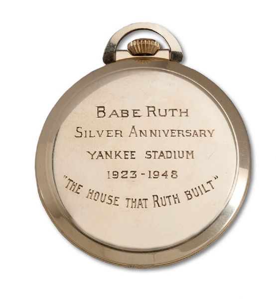 BABE RUTHS GOLD POCKET WATCH PRESENTED TO HIM BY THE NEW YORK YANKEES DURING HIS LAST APPEARANCE AT YANKEE STADIUM "THE BABE BOWS OUT" ON JUNE 13TH, 1948 (RUTH FAMILY LOA)