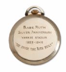 BABE RUTHS GOLD POCKET WATCH PRESENTED TO HIM BY THE NEW YORK YANKEES DURING HIS LAST APPEARANCE AT YANKEE STADIUM "THE BABE BOWS OUT" ON JUNE 13TH, 1948 (RUTH FAMILY LOA)