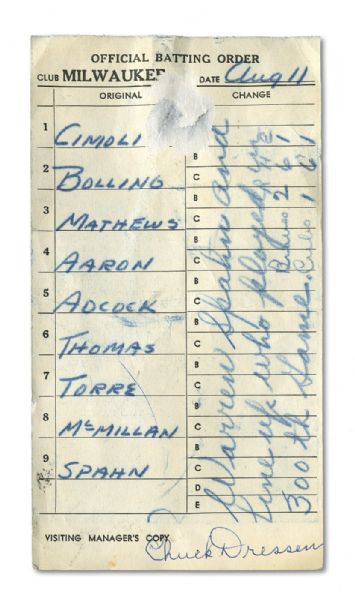 ORIGINAL LINEUP CARD USED IN WARREN SPAHNS 300TH WIN GAME ON AUGUST 11, 1961 (NSM COLLECTION)