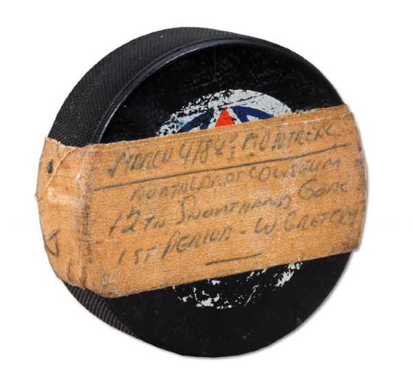 WAYNE GRETZKY MARCH 4, 1984 GAME PUCK USED TO SCORE 12TH SHORTHANDED GOAL OF SEASON VS. MONTREAL (OILERS LOA, NSM COLLECTION)