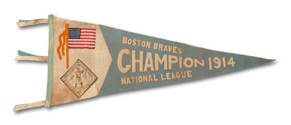 RARE OVERSIZED (45 INCH) 1914 BOSTON "MIRACLE" BRAVES NL CHAMPIONS FELT PENNANT (HELMS/LA84 COLLECTION)