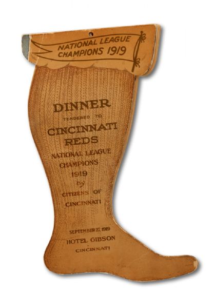 1919 CINCINNATI REDS NATIONAL LEAGUE CHAMPIONS DIE-CUT BANQUET PROGRAM SIGNED BY CAL MCVEY, GEORGE WRIGHT AND OAK TAYLOR - LAST LIVING SURVIVORS FROM 1869 CHAMPION RED STOCKINGS (HELMS/LA84...