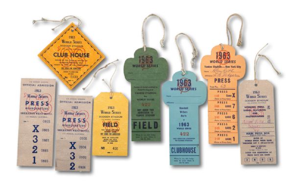 LOT OF (8) 1963 WORLD SERIES DODGER STADIUM AND YANKEE STADIUM FIELD, PRESS AND CLUBHOUSE PASSES ISSUED TO DODGERS STATISTICIAN ALLAN ROTH (HELMS/LA 84 COLLECTION)