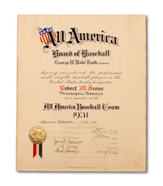 1931 ROBERT M. "LEFTY" GROVE ALL-AMERICA BASEBALL TEAM CERTIFICATE SIGNED BY BABE RUTH (HELMS/LA 84 COLLECTION)