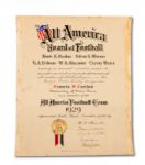 1929 FRANCIS CARIDEO (NOTRE DAME) ALL-AMERICA FOOTBALL TEAM CERTIFICATE SIGNED BY KNUTE ROCKNE, GLENN "POP" WARNER, ET AL (HELMS/LA 84 COLLECTION)