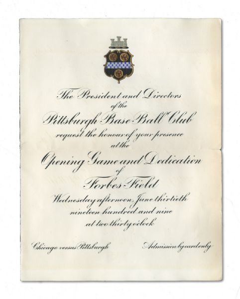 ORIGINAL INVITATION AND TICKET TO JUNE 30TH, 1909 FORBES FIELD (PITTSBURGH) OPENING GAME AND DEDICATION CEREMONY (NSM COLLECTION) 