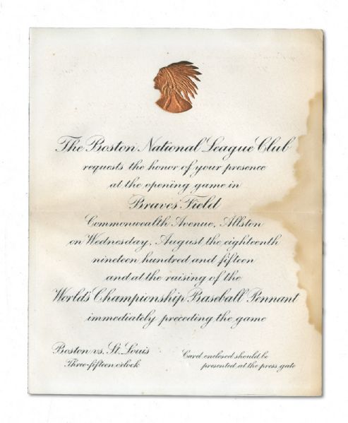 ORIGINAL INVITATION TO AUGUST 18TH, 1915 BRAVES FIELD (BOSTON) OPENING GAME AND 1914 WORLD CHAMPIONSHIP FLAG RAISING CEREMONY (NSM COLLECTION) 