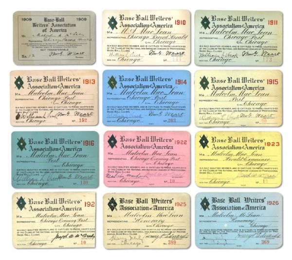 LOT OF (12) 1909-1926 BASEBALL WRITERS ASSOCIATION (BBWAA) PRESS PASSES INCL. 6 SIGNED BY WILLIAM VEECK, SR. (NSM COLLECTION) 