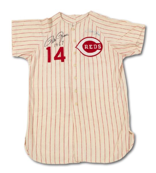 1967 PETE ROSE AUTOGRAPHED CINCINNATI REDS (RARE ONE YEAR STYLE) GAME WORN HOME JERSEY (MEARS A8.5, DELBERT MICKEL COLLECTION)