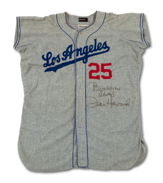 1959 FRANK HOWARD AUTOGRAPHED LOS ANGELES DODGERS (WORLD CHAMPIONSHIP SEASON) GAME WORN ROAD JERSEY - PHOTOMATCHED! (DELBERT MICKEL COLLECTION)