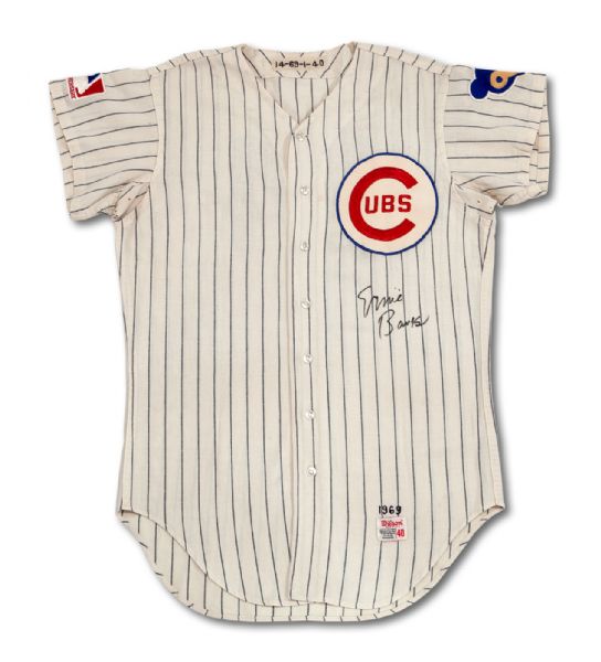 1969 ERNIE BANKS AUTOGRAPHED CHICAGO CUBS GAME WORN HOME JERSEY - COMPLETELY ORIGINAL WITH EXCEPTIONAL MLB PROVENANCE (MEARS A9.5, BILL RIDDELL COLLECTION)