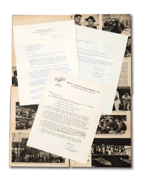 BROOKLYN DODGERS 1956 TOUR OF JAPAN GROUP OF (4) TYPED SIGNED LETTERS BY WALTER OMALLEY AND WARREN C. GILES PLUS IMPORTANT SIGNED MEMOS, ORIGINAL DOCUMENTS & NEWS CLIPPINGS