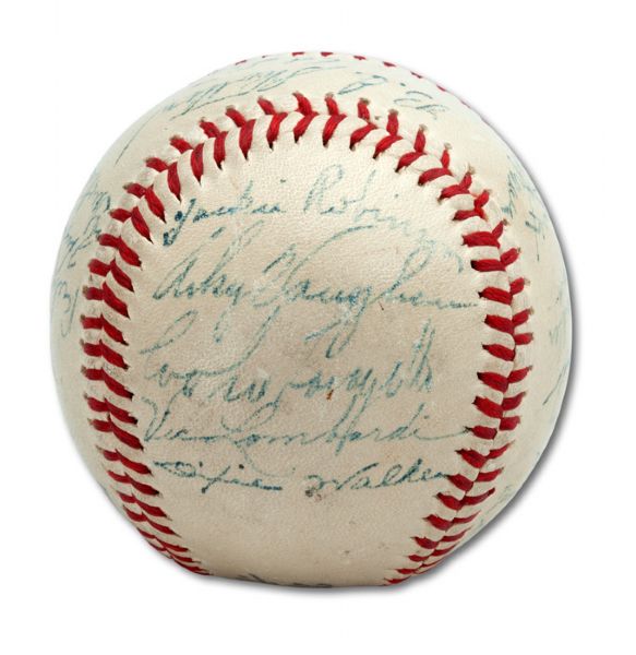 EXCEPTIONAL 1947 NL CHAMPION BROOKLYN DODGERS TEAM SIGNED BASEBALL WITH (ROOKIE) JACKIE ROBINSON AND BRANCH RICKEY