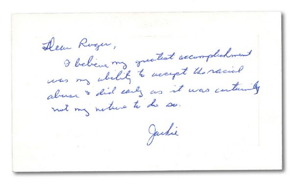 REMARKABLE JACKIE ROBINSON HANDWRITTEN NOTE TO A FAN - A SUCCINCT AND COMPELLING PROFILE OF JACKIES CHARACTER IN HIS OWN WORDS 