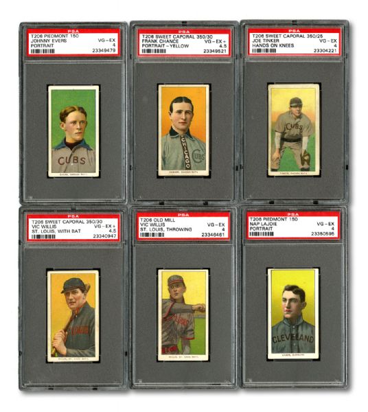 1909-11 T206 VG-EX PSA 4 PSA GRADED HALL OF FAME LOT OF 6 - LAJOIE, TINKER, EVERS, CHANCE, AND WILLIS (2)