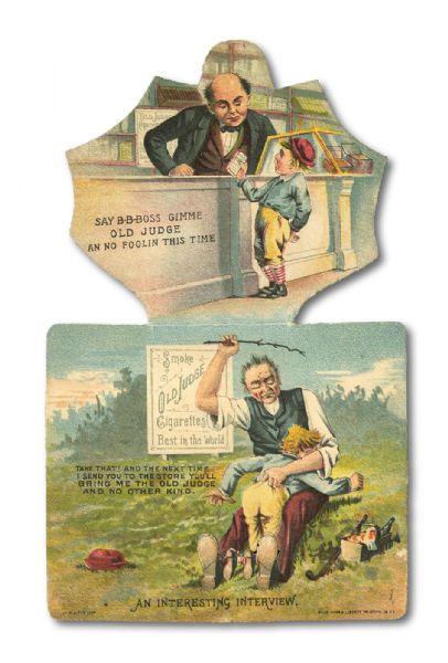 1888 GOODWIN & COMPANY OLD JUDGE DIE-CUT ADVERTISING PIECE WITH  OLD JUDGE OR GYPSY QUEEN CIGARETTES BASEBALL CABINET PHOTO AD ON BACK