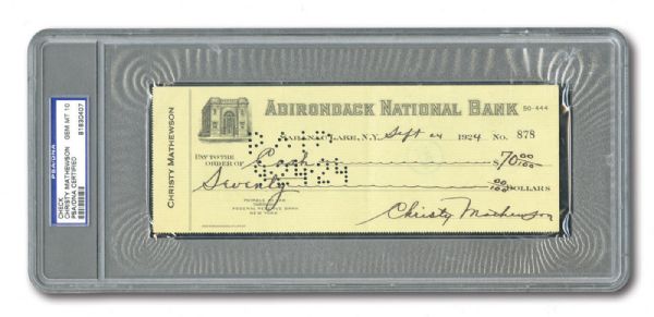 1924 CHRISTY MATHEWSON SIGNED BANK CHECK (PSA/DNA GEM MINT 10) WITH HANDWRITTEN LETTER AND TRANSMITTAL ENVELOPE FROM MRS. CHRISTY MATHEWSON REFERENCING CHECK AS HER "PRIZED POSSESSION"