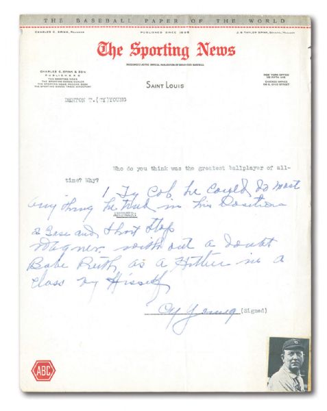 1940S CY YOUNG LETTER ON SPORTING NEWS STATIONARY REFERENCING RUTH, COBB AND WAGNER IN RESPONSE TO QUESTION OF THE GREATEST BALLPLAYERS OF ALL TIME (PSA/DNA MINT 9)