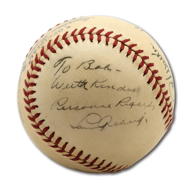 EXTREMELY RARE 1940-42 BASEBALL SIGNED BY LOU GEHRIG, JOE DIMAGGIO, RED RUFFING, AND 3 OTHERS