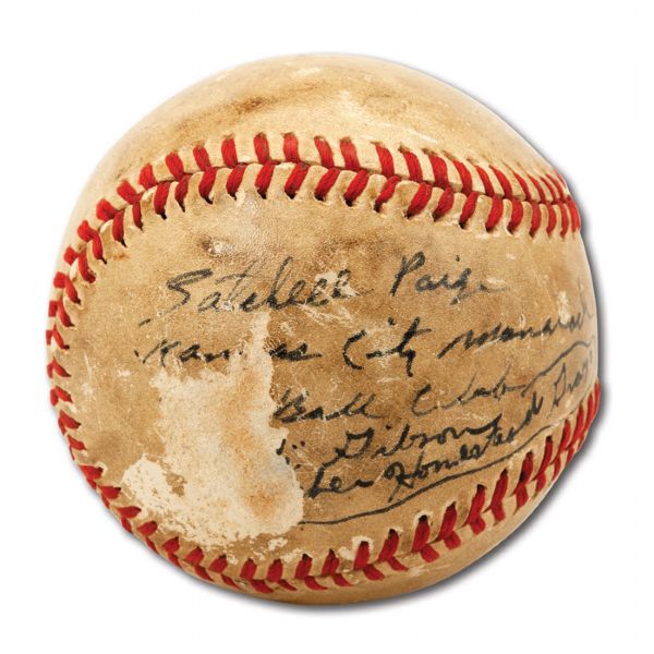 1940’S SATCHEL PAIGE AND JOSH GIBSON DUAL SIGNED BASEBALL WITH TEAM NOTATIONS –1 OF ONLY 2 KNOWN