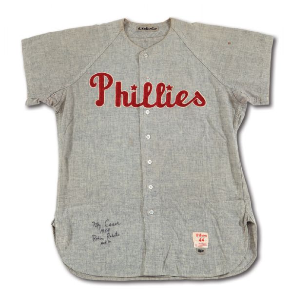 1958 ROBIN ROBERTS AUTOGRAPHED PHILADELPHIA PHILLIES GAME WORN ROAD JERSEY (MEARS A10, DELBERT MICKEL COLLECTION)