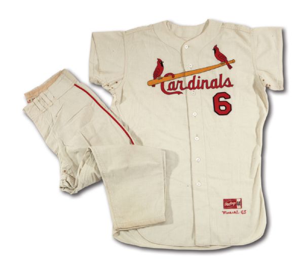 1963 STAN MUSIAL ST. LOUIS CARDINALS COMPLETE GAME USED HOME JERSEY AND MATCHING PANTS - RARE JERSEY WITH MUSIALS NAME ON BACK FROM STANS FAREWELL SEASON (MEARS A10, DELBERT MICKEL COLLECTION)