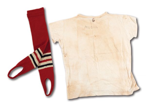 1950S-60S STAN MUSIAL ST. LOUIS CARDINALS GAME WORN UNDERSHIRT AND STIRRUPS (DELBERT MICKEL COLLECTION)