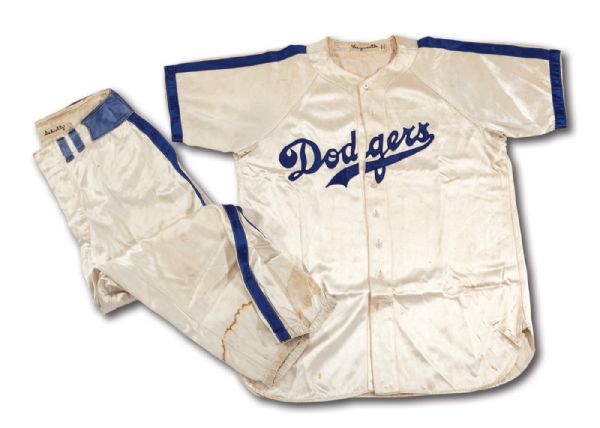 1944-45 RAY HAYWORTH BROOKLYN DODGERS RARE WHITE SATIN STYLE GAME WORN HOME JERSEY W/ (HOWIE SCHULTZ) PANTS (DELBERT MICKEL COLLECTION)