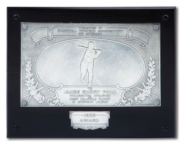 JIMMIE FOXX 1933 AMERICAN LEAGUE MVP AWARD PLAQUE (TRIPLE CROWN SEASON) - ONE OF THE MOST IMPORTANT PRE-WAR BASEBALL AWARDS EVER OFFERED PUBLICLY