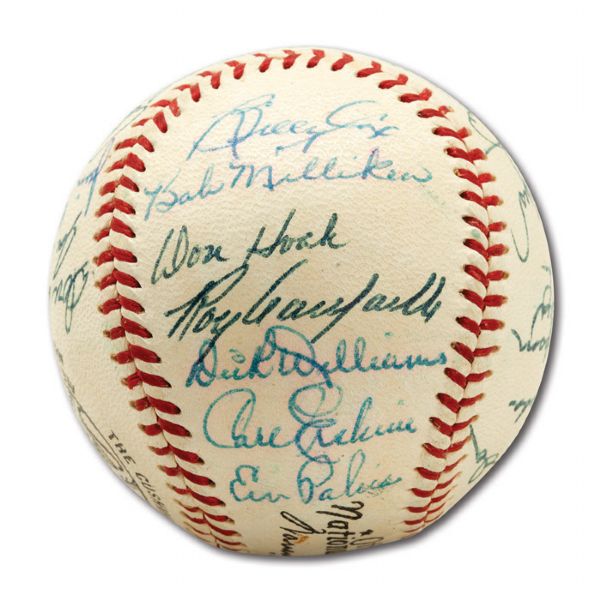 FINE 1954 BROOKLYN DODGERS TEAM SIGNED ONL (GILES) BASEBALL WITH CAMPANELLA - CLUBHOUSE ROBINSON