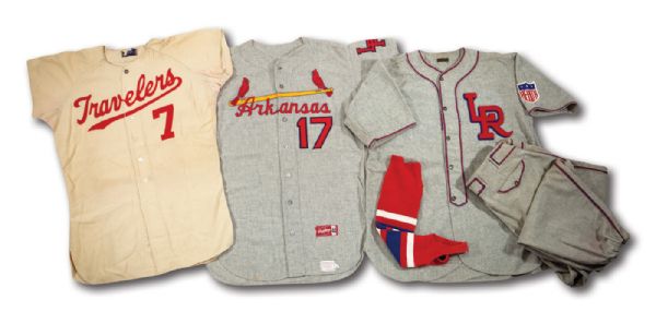 LOT OF (3) ARKANSAS TRAVELERS MINOR LEAGUE (CARDINALS AFFILIATE) JERSEYS - 1946 W/ PANTS, 1960 HOME AND 1966 ROAD (DELBERT MICKEL COLLECTION)