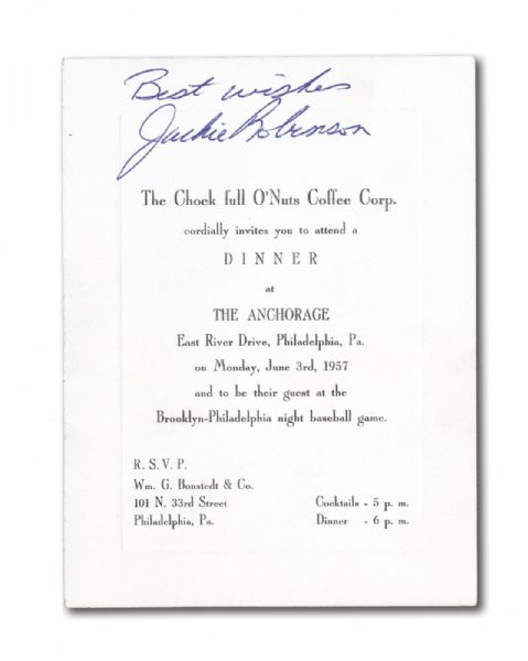 JUNE 3, 1957 JACKIE ROBINSON AUTOGRAPHED CHOCK FULL ONUTS INVITATION TO BROOKLYN DODGERS VS. PHILADELPHIA PHILLIES BASEBALL GAME (INCLUDES PROGRAM)